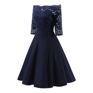 Women Vintage Lace Cocktail Party Dress navy XL Off Shoulder 3/4 Sleeve Semi For